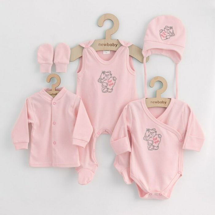 Set 5 piese, New Baby, Include Salopeta fara maneci, jacheta, body cu maneca lunga, caciulita, manusi, Marime 56, Din bumbac 100%, Classic Pink [1]