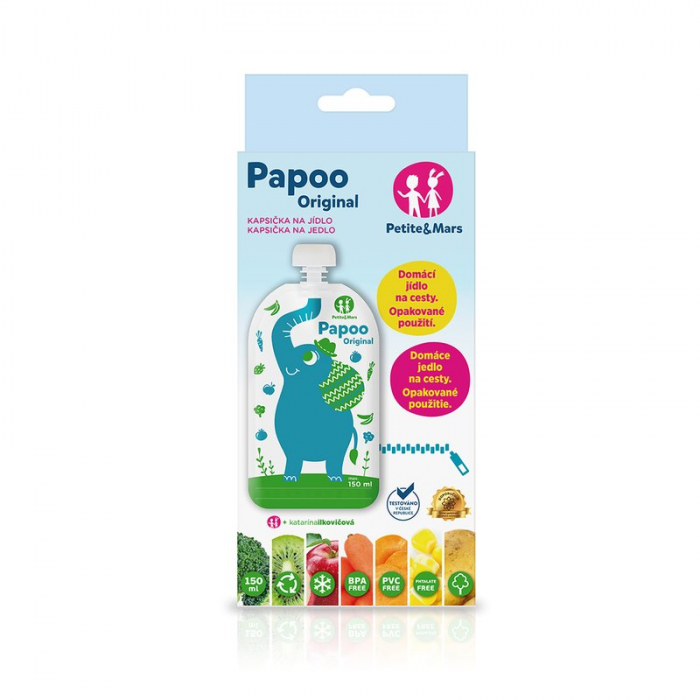 Set 6 pungi reutilizabile, Petite&Mars, Pentru hranire, Cu elefantei, Inchidere ermetica, 20x10 cm, 150 ml, Papoo Albastru [3]