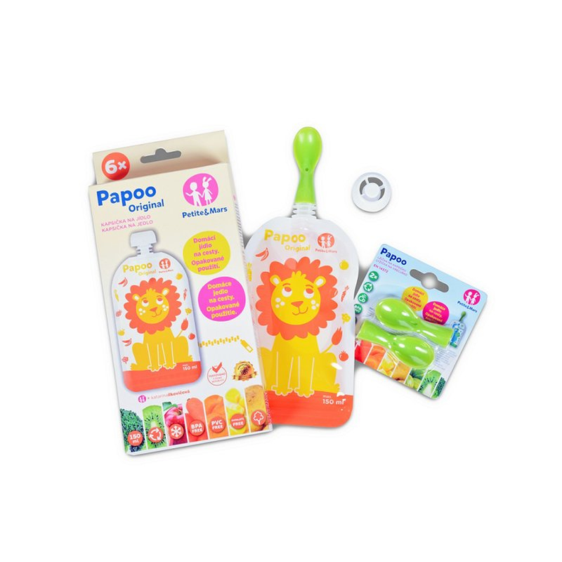 Set 6 pungi reutilizabile, Petite&Mars, Pentru hranire, Cu leuti, Inchidere ermetica, 20x10 cm, 150 ml, Papoo Portocaliu [6]