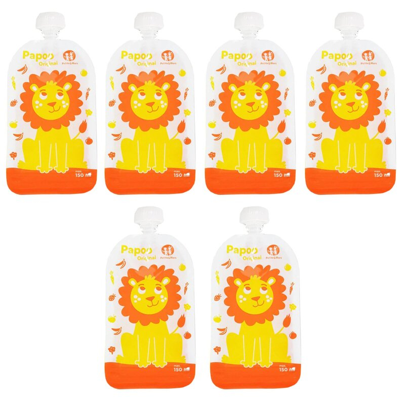 Set 6 pungi reutilizabile, Petite&Mars, Pentru hranire, Cu leuti, Inchidere ermetica, 20x10 cm, 150 ml, Papoo Portocaliu [1]