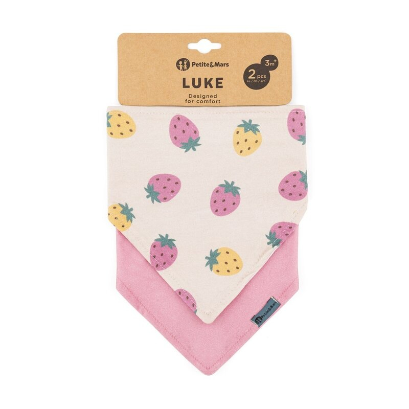 Set bavete bandana, Petite&Mars, Luke, 2 bucati, Bumbac 100% natural, Reglabila cu capse, 3 luni+, Protectie hainute, Bej/Roz [4]