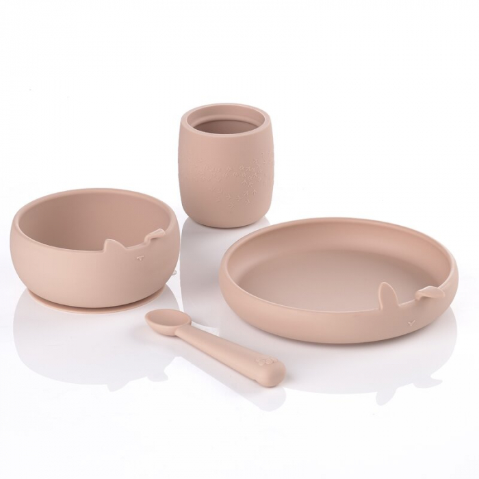 Set complet de masa, Jane, Din silicon, Cu 4 piese, Farfurie, Bol, Lingurita si pahar, BPA free, Pale [1]