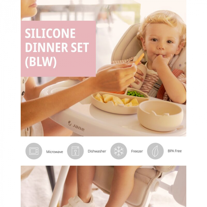 Set complet de masa, Jane, Din silicon, Cu 4 piese, Farfurie, Bol, Lingurita si pahar, BPA free, Sand [13]