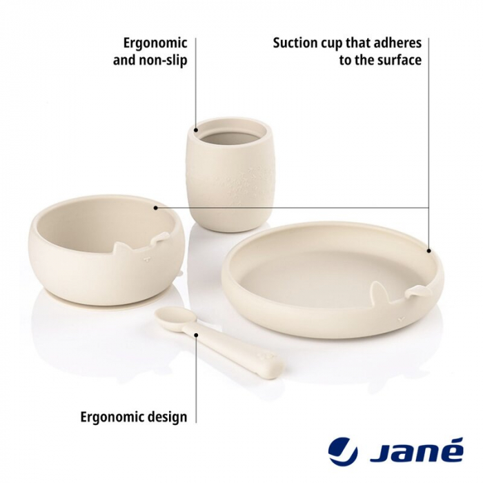 Set complet de masa, Jane, Din silicon, Cu 4 piese, Farfurie, Bol, Lingurita si pahar, BPA free, Sand [3]