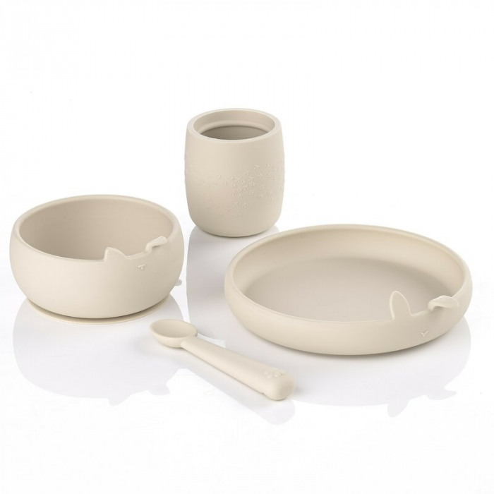 Set complet de masa, Jane, Din silicon, Cu 4 piese, Farfurie, Bol, Lingurita si pahar, BPA free, Sand [1]