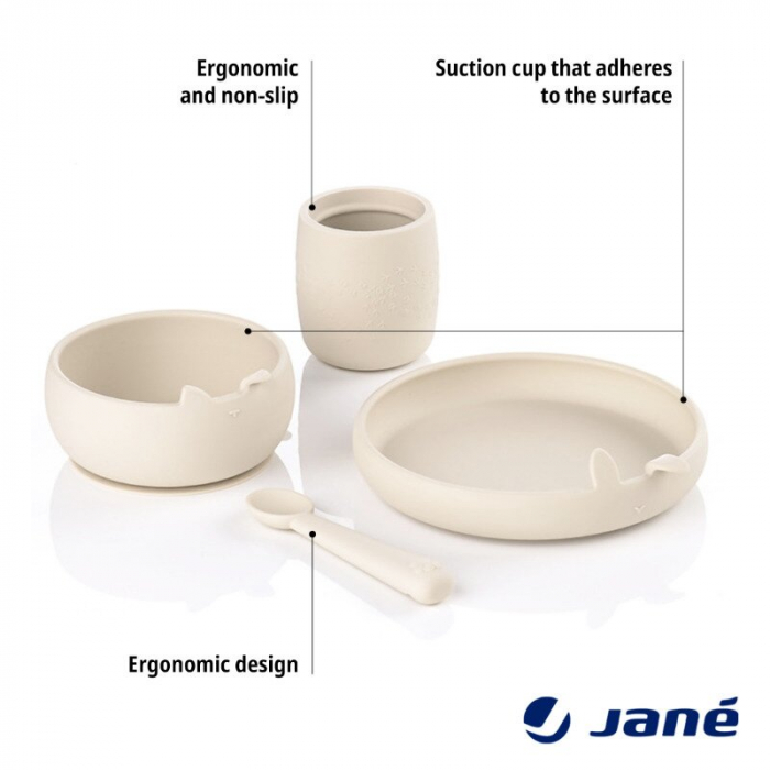 Set complet de masa, Jane, Din silicon, Cu 4 piese, Farfurie, Bol, Lingurita si pahar, BPA free, Sand [14]