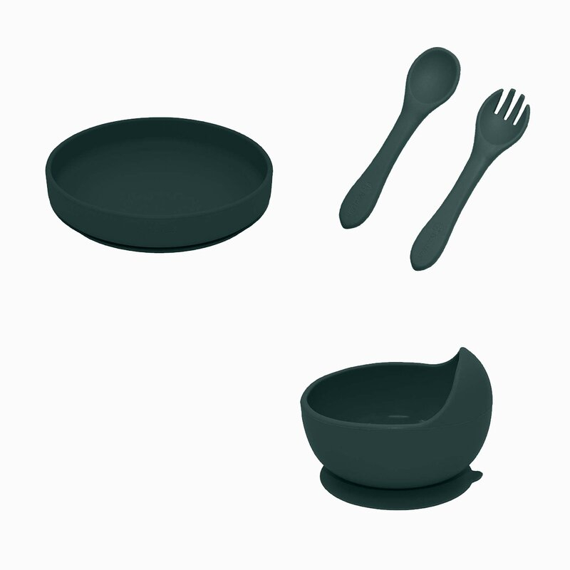 Set de hranire, Petite&Mars, Cu farfurie, Bol si tacamuri, Din silicon fara BFA, Verde inchis [3]