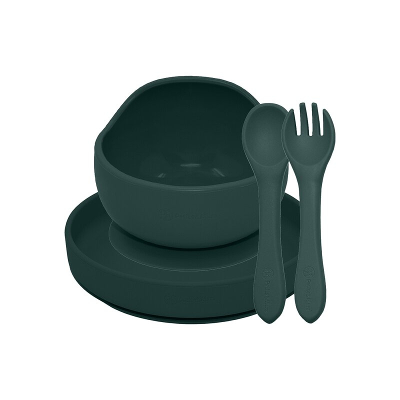 Set de hranire, Petite&Mars, Cu farfurie, Bol si tacamuri, Din silicon fara BFA, Verde inchis [2]