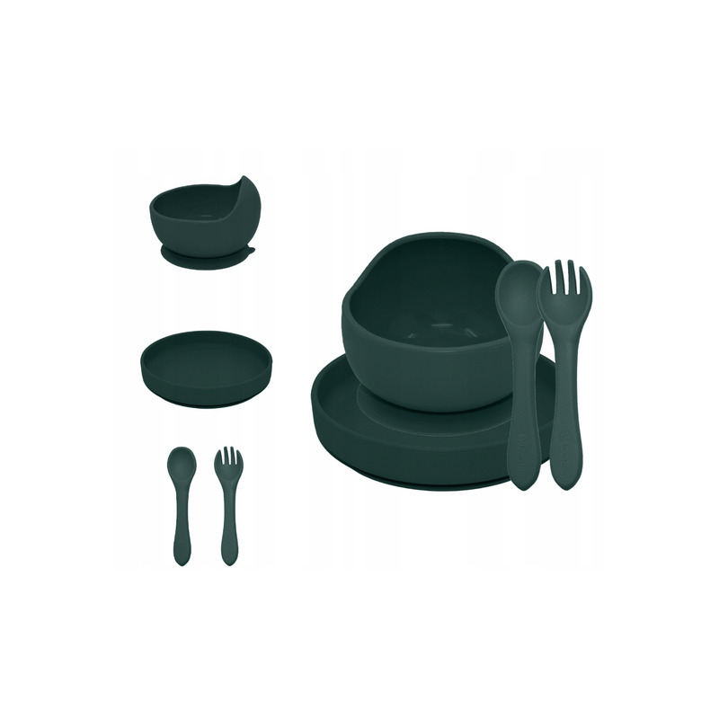 Set de hranire, Petite&Mars, Cu farfurie, Bol si tacamuri, Din silicon fara BFA, Verde inchis [1]