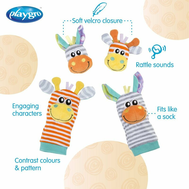 Set jucarii zornaitoare, Playgro, Include sosete interactive si 2 bratari, Inchidere cu velcro, Stimuleaza dezvoltarea senzoriala si tactila, 6 luni+, Jungle Wrist Rattle and Foot Finder [5]