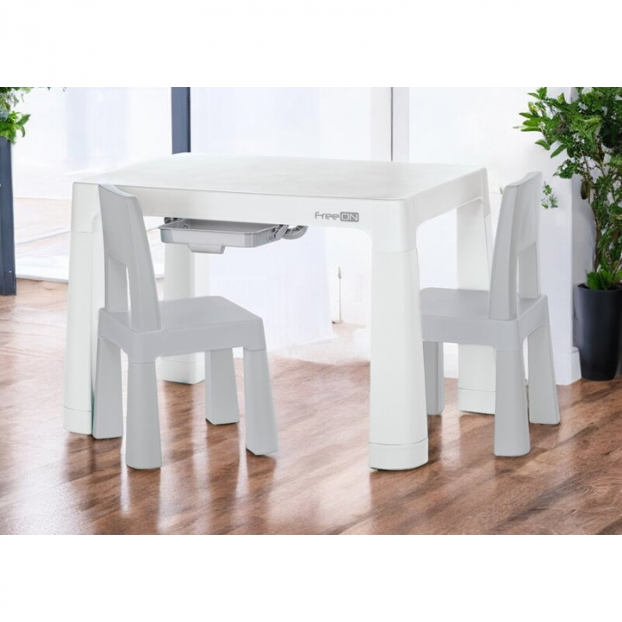 Set masuta si doua scaune, FreeON, Neo, Pentru copii, Cu doua sertare, Cu masa reglabila la doua inaltimi, Conform cu standardele europene de securitate EN71-1;2018, EN71-2:2020, EN71-3:2021, Gri [3]
