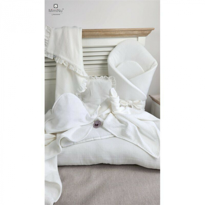 Set paturica si perna, MimiNu, Cu fata de perna inclusa Din muselina bumbac certificat Oeko Tex Standard 100, Perna 30x35cm, Paturica 60x70cm, Cu volane, Cream [4]
