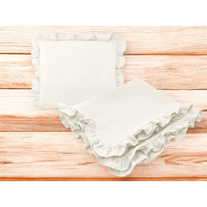 Set paturica si perna, MimiNu, Cu fata de perna inclusa Din muselina bumbac certificat Oeko Tex Standard 100, Perna 30x35cm, Paturica 60x70cm, Cu volane, Cream [2]