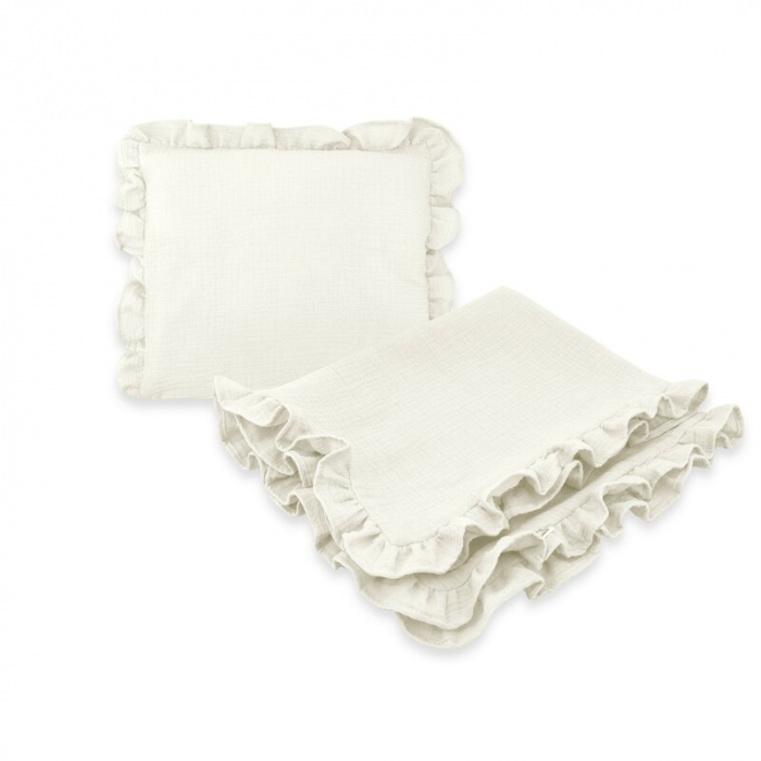 Set paturica si perna, MimiNu, Cu fata de perna inclusa Din muselina bumbac certificat Oeko Tex Standard 100, Perna 30x35cm, Paturica 60x70cm, Cu volane, Cream [1]
