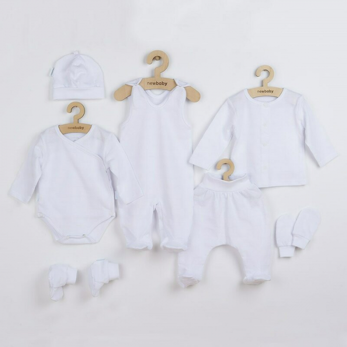Set pentru bebe, New Baby, I AM, 7 piese, Cu botosei, jacheta maneca lunga, caciulita, body cu maneca lunga, pantalonasi si salopeta cu botosei si manusi, 100% bumbac, Marime 56, 0-3 luni, White [1]
