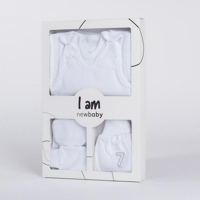 Set pentru bebe, New Baby, I AM, 7 piese, Cu botosei, jacheta maneca lunga, caciulita, body cu maneca lunga, pantalonasi si salopeta cu botosei si manusi, 100% bumbac, Marime 56, 0-3 luni, White [2]