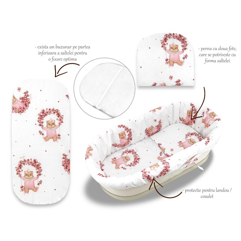 Set pentru landou/cosulet, MimiNu, Cu protectie, saltea si pernuta, Din bumbac certificat Oeko Tex Standard 100, Design, Betty [1]