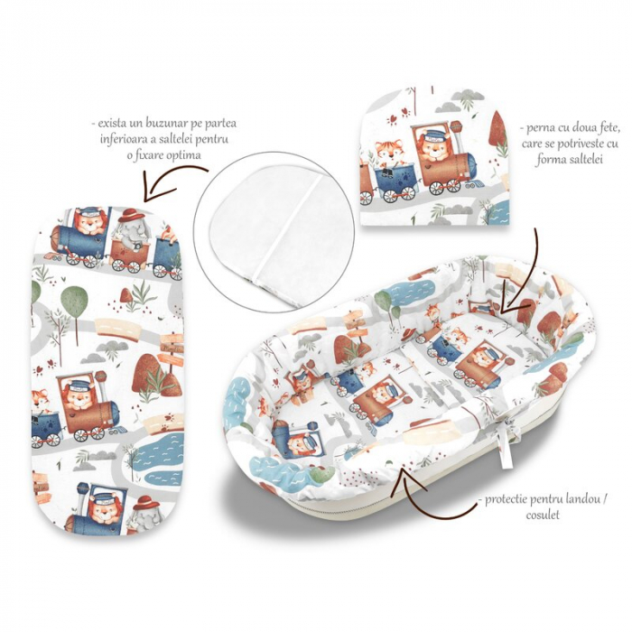 Set pentru landou/cosulet, MimiNu, Cu protectie, saltea si pernuta, Din bumbac certificat Oeko Tex Standard 100, Design, Zoo in train [1]