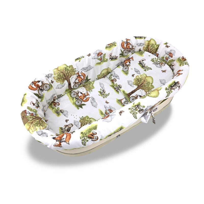 Set pentru landou/cosulet, Qmini, Cu protectie, saltea si pernuta, Din bumbac certificat Oeko Tex Standard 100, Fox on bikes Natural [3]