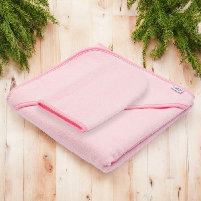 Set prosop cu gluga si manusa baie, New Baby, Dimensiune 80 x 80 cm, Basic, Pink [2]