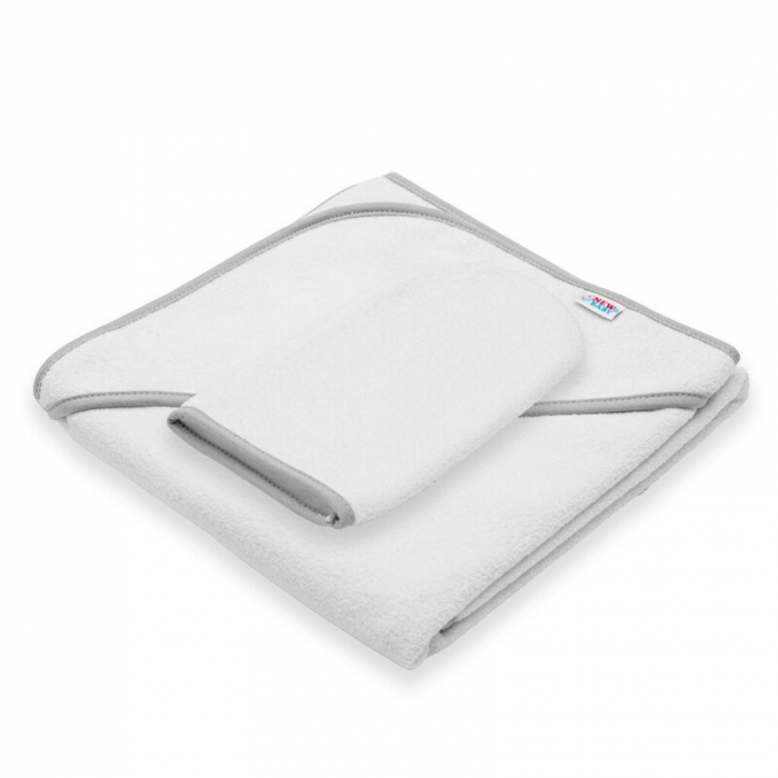 Set prosop cu gluga si manusa baie, New Baby, Dimensiune 80 x 80 cm, Basic, White-gray [1]