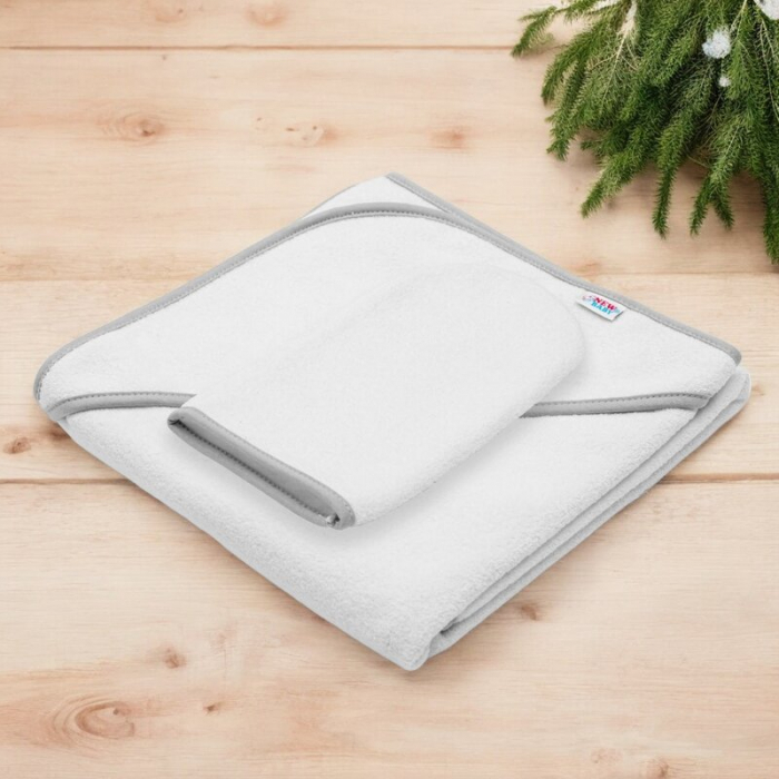Set prosop cu gluga si manusa baie, New Baby, Dimensiune 80 x 80 cm, Basic, White-gray [2]