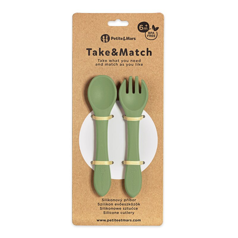 Set tacamuri, Petite&Mars, Take&Match, Din silicon, Forma ergonomica, Delicate cu gingiile, Adecvate pentru masina de spalat vase, Fara BPA, 6 luni+, Sweet Pea, Verde [2]