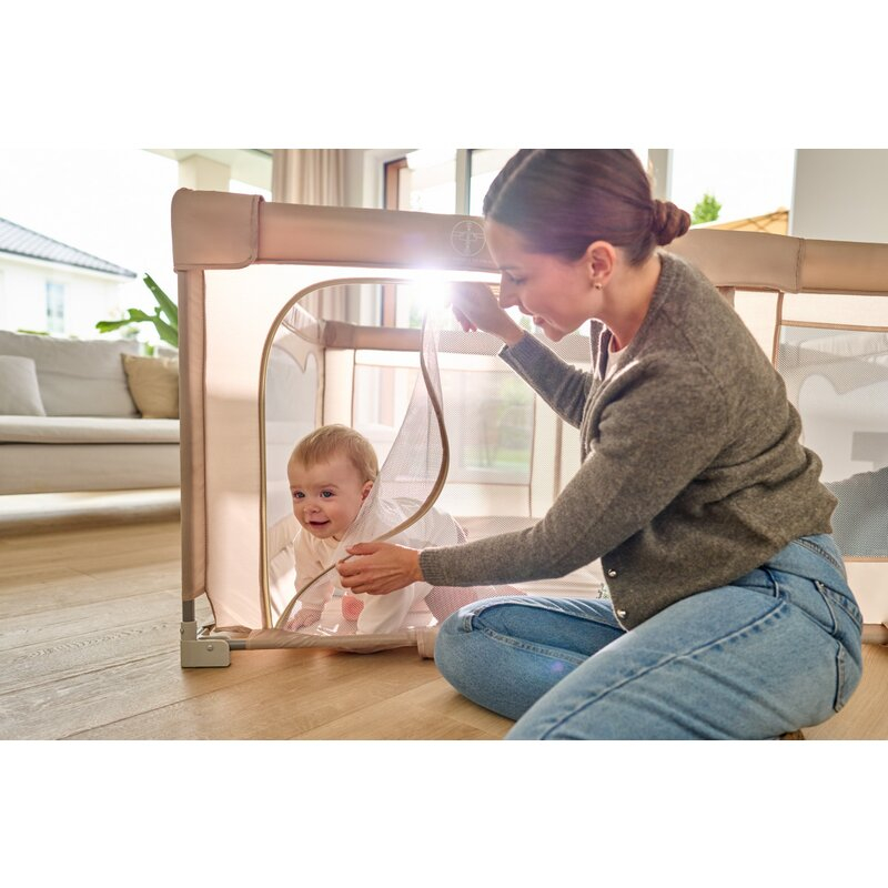 Tarc de joaca copii, Lionelo, Florence Easy Fold, 150 x 180 x 75 cm, Pliere, depliere automata, Include geanta de transport, Din plasa, Cu doua intrari laterale, 0-48 luni, Conform cu EN12227, Bej [30]