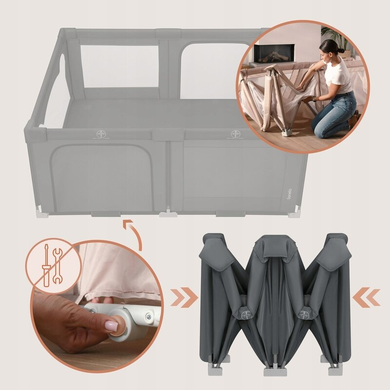 Tarc de joaca copii, Lionelo, Florence Easy Fold, 150 x 180 x 75 cm, Pliere, depliere automata, Include geanta de transport, Din plasa, Cu doua intrari laterale, 0-48 luni, Conform cu EN12227, Gri [6]