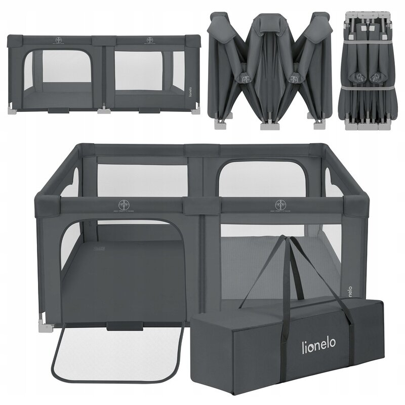Tarc de joaca copii, Lionelo, Florence Easy Fold, 150 x 180 x 75 cm, Pliere, depliere automata, Include geanta de transport, Din plasa, Cu doua intrari laterale, 0-48 luni, Conform cu EN12227, Gri [3]