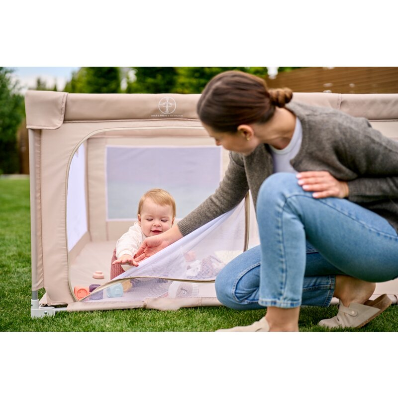 Tarc de joaca copii, Lionelo, Florence Easy Fold, 150 x 180 x 75 cm, Pliere, depliere automata, Include geanta de transport, Din plasa, Cu doua intrari laterale, 0-48 luni, Conform cu EN12227, Bej [31]