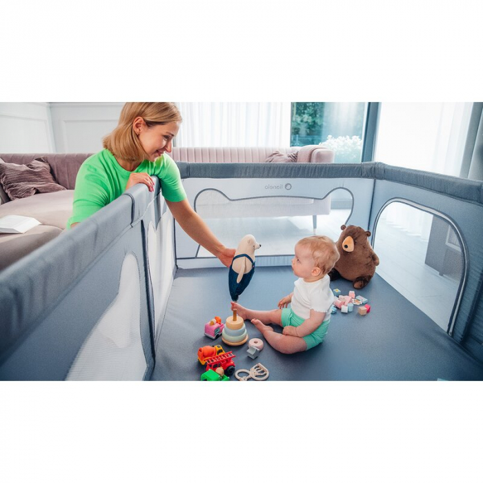 Tarc de joaca copii, Lionelo, Willow, 127 x 187 cm, Pliere compacta, Include geanta de transport, Din plasa, Cu doua intrari laterale si fermoar, Cu ventuze pentru stabilitate, Conform cu EN 12227:201 [24]