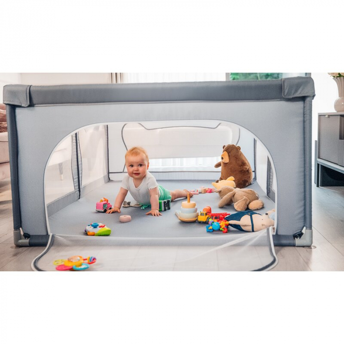 Tarc de joaca copii, Lionelo, Willow, 127 x 187 cm, Pliere compacta, Include geanta de transport, Din plasa, Cu doua intrari laterale si fermoar, Cu ventuze pentru stabilitate, Conform cu EN 12227:201 [30]