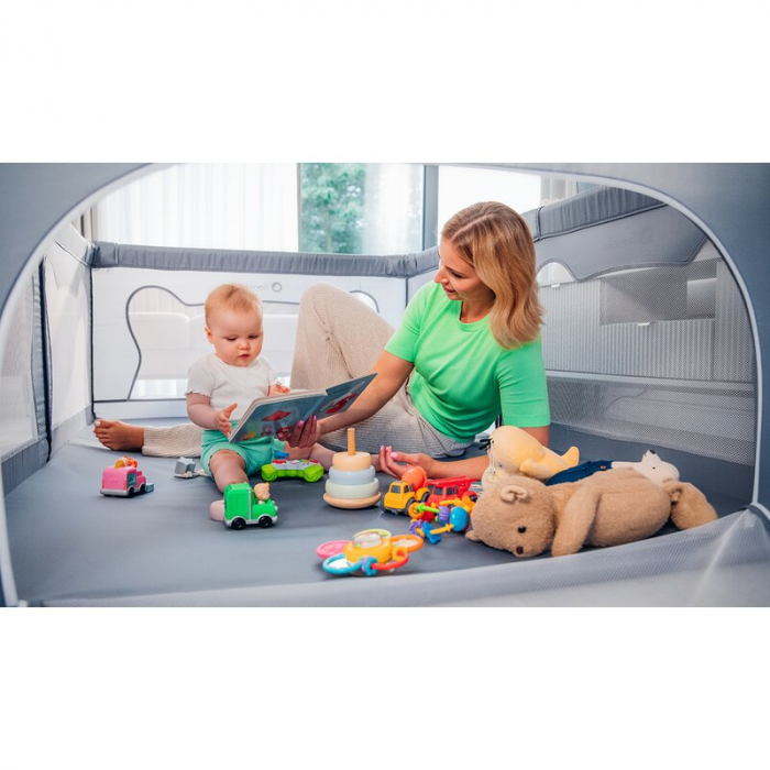 Tarc de joaca copii, Lionelo, Willow, 127 x 187 cm, Pliere compacta, Include geanta de transport, Din plasa, Cu doua intrari laterale si fermoar, Cu ventuze pentru stabilitate, Conform cu EN 12227:201 [29]