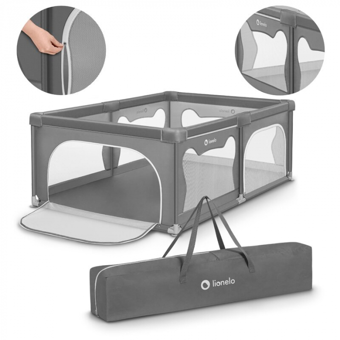 Tarc de joaca copii, Lionelo, Willow, 127 x 187 cm, Pliere compacta, Include geanta de transport, Din plasa, Cu doua intrari laterale si fermoar, Cu ventuze pentru stabilitate, Conform cu EN 12227:201 [15]