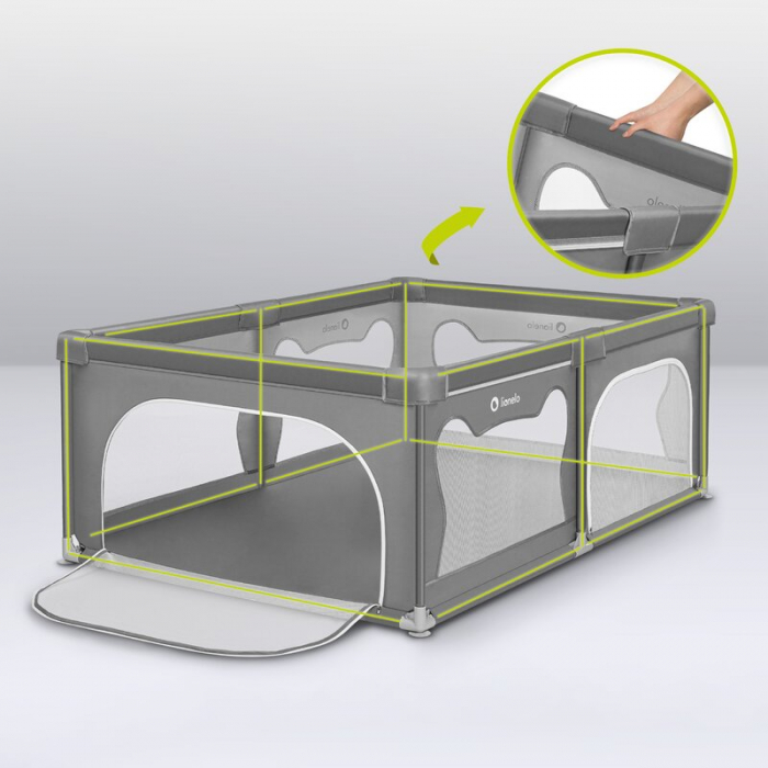 Tarc de joaca copii, Lionelo, Willow, 127 x 187 cm, Pliere compacta, Include geanta de transport, Din plasa, Cu doua intrari laterale si fermoar, Cu ventuze pentru stabilitate, Conform cu EN 12227:201 [21]