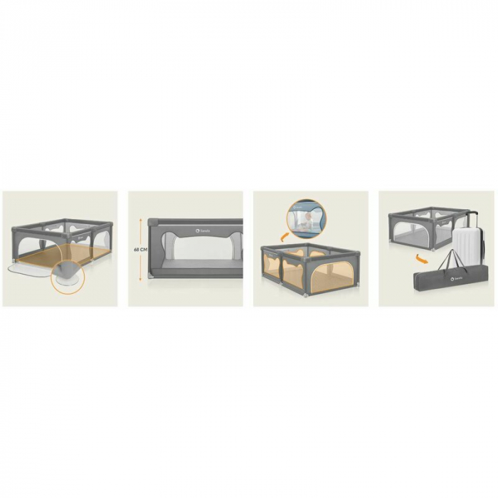 Tarc de joaca copii, Lionelo, Willow, 127 x 187 cm, Pliere compacta, Include geanta de transport, Din plasa, Cu doua intrari laterale si fermoar, Cu ventuze pentru stabilitate, Conform cu EN 12227:201 [35]