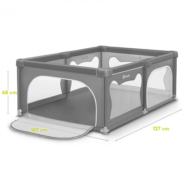 Tarc de joaca copii, Lionelo, Willow, 127 x 187 cm, Pliere compacta, Include geanta de transport, Din plasa, Cu doua intrari laterale si fermoar, Cu ventuze pentru stabilitate, Conform cu EN 12227:201 [22]