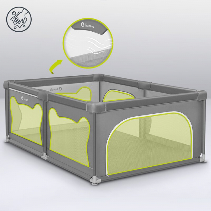 Tarc de joaca copii, Lionelo, Willow, 127 x 187 cm, Pliere compacta, Include geanta de transport, Din plasa, Cu doua intrari laterale si fermoar, Cu ventuze pentru stabilitate, Conform cu EN 12227:201 [16]