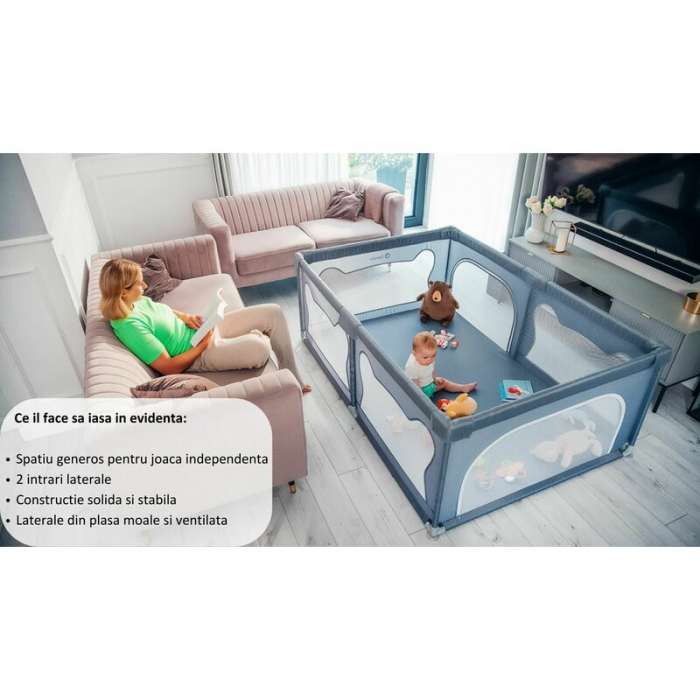 Tarc de joaca copii, Lionelo, Willow, 127 x 187 cm, Pliere compacta, Include geanta de transport, Din plasa, Cu doua intrari laterale si fermoar, Cu ventuze pentru stabilitate, Conform cu EN 12227:201 [35]