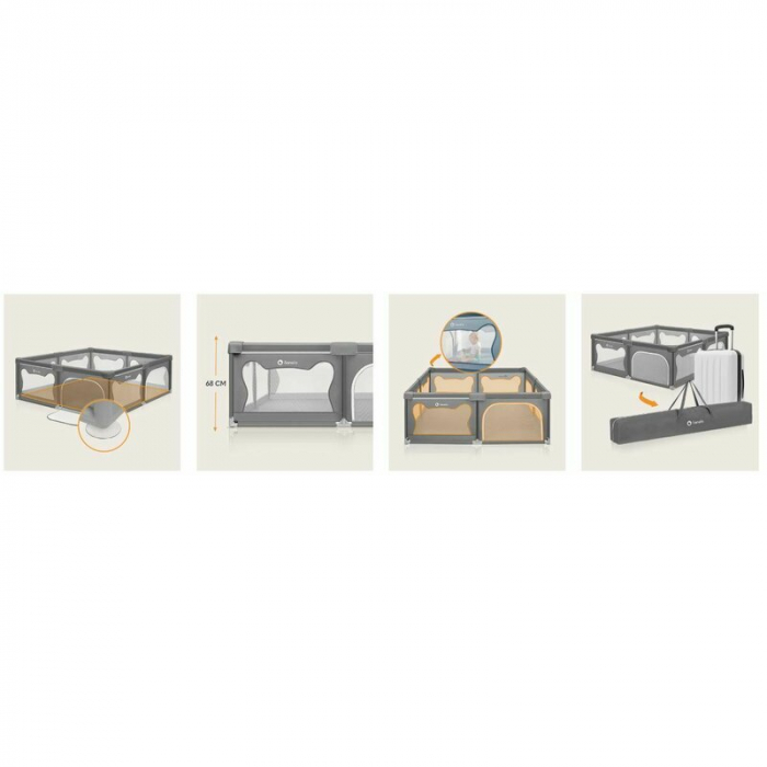 Tarc de joaca copii, Lionelo, Willow XL,180 x 200 cm, Pliere compacta, Include geanta de transport, Din plasa, Cu doua intrari laterale si fermoar, Cu ventuze pentru stabilitate, Conform cu EN 12227:2 [30]