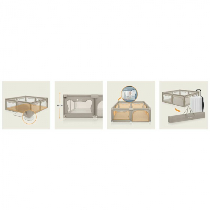 Tarc de joaca copii, Lionelo, Willow XL,180 x 200 cm, Pliere compacta, Include geanta de transport, Din plasa, Cu doua intrari laterale si fermoar, Cu ventuze pentru stabilitate, Conform cu EN 12227:2 [21]