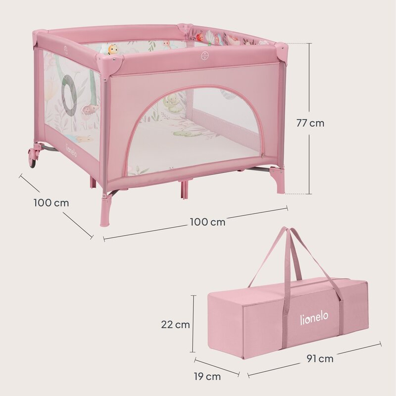 Tarc de joaca, Lionelo, Mille Plus, Pliabil, Include saltea cu densitate T25, 4 jucarii cu velcro, Manere textile, Geanta de transport, Cu roti si inchidere laterala, Pereti din plasa pentru vizibilit [15]