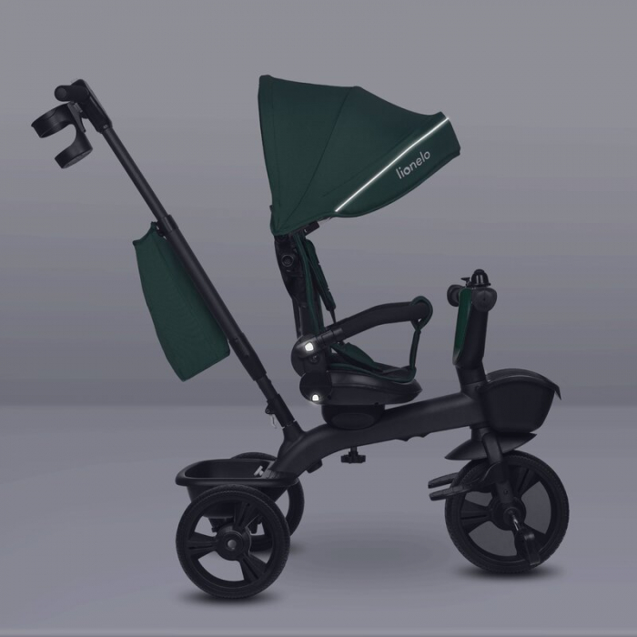 Tricicleta copii, Lionelo Kori, ultra-pliabila si multifunctionala, cu scaun rotativ 360°, control parental, suport pentru picioare si accesorii premium, Verde [29]