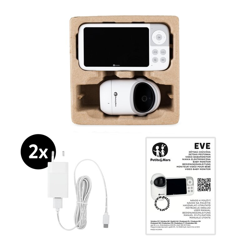 Video monitor, Petite&Mars, Eve 5.0, Ecran HD, Autonomie baterie pana la 16 ore, Raza de actiune 300m, Suport pentru pana la 4 camere, Comunicare bidirectionala, 8 melodii, Activare VOX la voce, Alb [5]