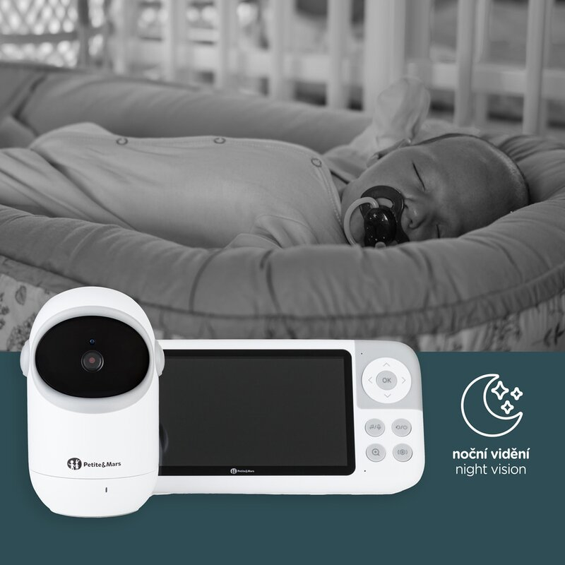 Video monitor, Petite&Mars, Eve 5.0, Ecran HD, Autonomie baterie pana la 16 ore, Raza de actiune 300m, Suport pentru pana la 4 camere, Comunicare bidirectionala, 8 melodii, Activare VOX la voce, Alb [9]