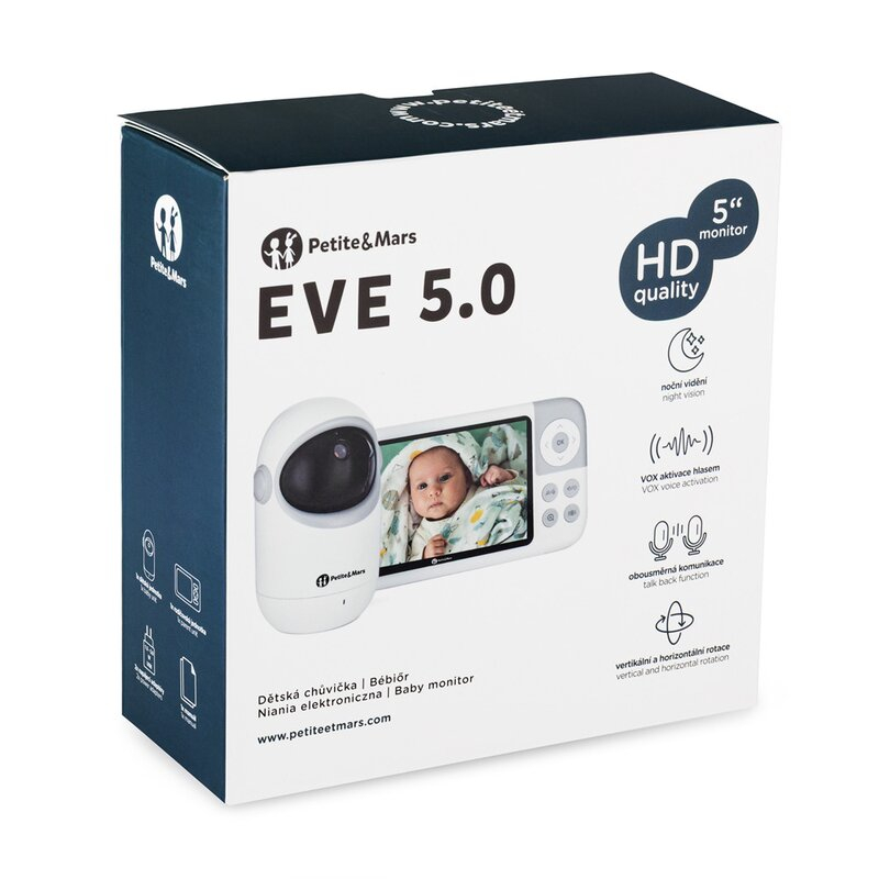 Video monitor, Petite&Mars, Eve 5.0, Ecran HD, Autonomie baterie pana la 16 ore, Raza de actiune 300m, Suport pentru pana la 4 camere, Comunicare bidirectionala, 8 melodii, Activare VOX la voce, Alb [6]