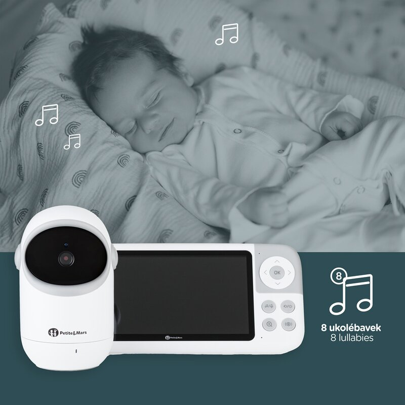 Video monitor, Petite&Mars, Eve 5.0, Ecran HD, Autonomie baterie pana la 16 ore, Raza de actiune 300m, Suport pentru pana la 4 camere, Comunicare bidirectionala, 8 melodii, Activare VOX la voce, Alb [8]