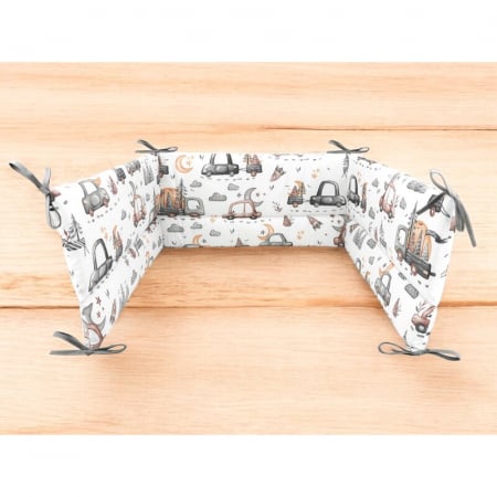 Aparatoare pentru patut, MimiNu, Din bumbac certificat Oeko Tex Standard 100, 180x30 cm, Cu panglici, Design, Cars Grey [1]