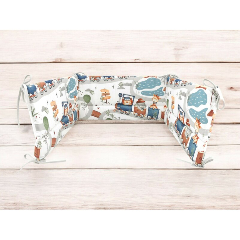 Aparatoare pentru patut, MimiNu, Din bumbac certificat Oeko Tex Standard 100, 180x30 cm, Cu panglici, Design, Zoo in train [1]